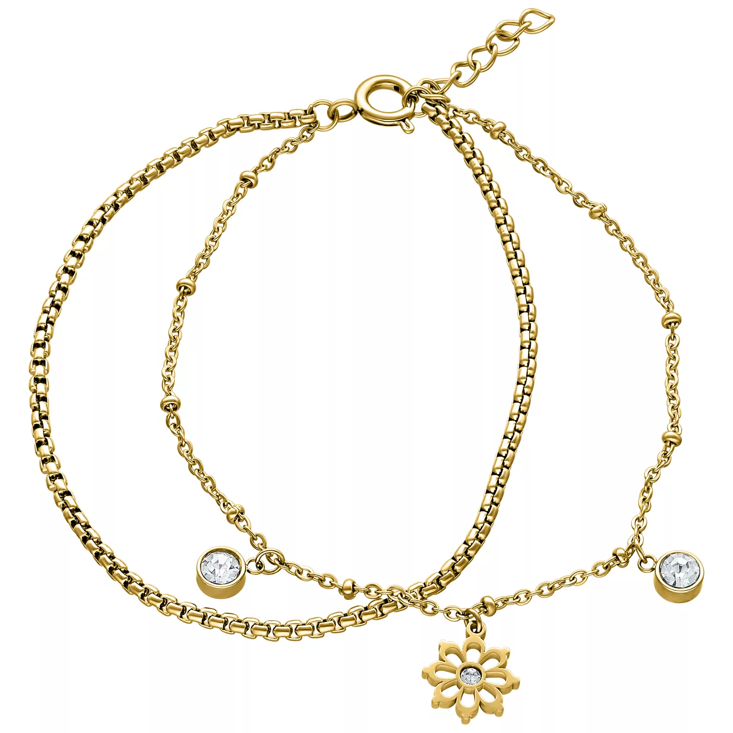 Bracciale dorato con due catene e pendenti di cristallo su sfondo bianco