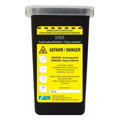 Contenitore di smaltimento nero da 1 litro con etichetta di avviso gialla, su sfondo bianco