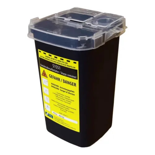 Contenitore nero con etichetta di avvertimento gialla e coperchio trasparente