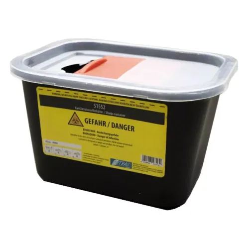 Contenitore nero di smaltimento 2 litri con etichetta gialla di avvertimento e coperchio grigio