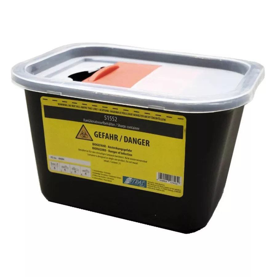 Contenitore nero di smaltimento 2 litri con etichetta gialla di avvertimento e coperchio grigio