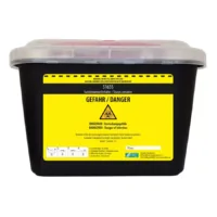 Contenitore nero da 5 litri con etichetta di avvertimento biohazard gialla su sfondo bianco