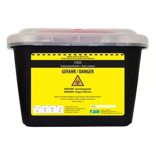 Contenitore nero da 5 litri con etichetta di avvertimento biohazard gialla su sfondo bianco