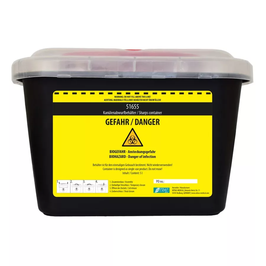 Contenitore nero da 5 litri con etichetta di avvertimento biohazard gialla su sfondo bianco
