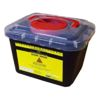 Contenitore di smaltimento nero da 5 litri, coperchio rosso e etichetta di avvertimento gialla
