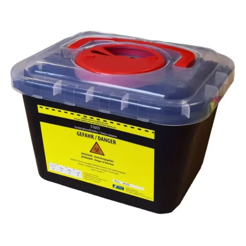 Contenitore di smaltimento nero da 5 litri, coperchio rosso e etichetta di avvertimento gialla