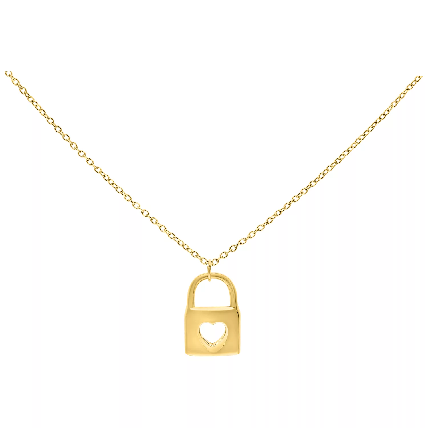 Collana d'oro in acciaio chirurgico con lucchetto e design a cuore su sfondo bianco