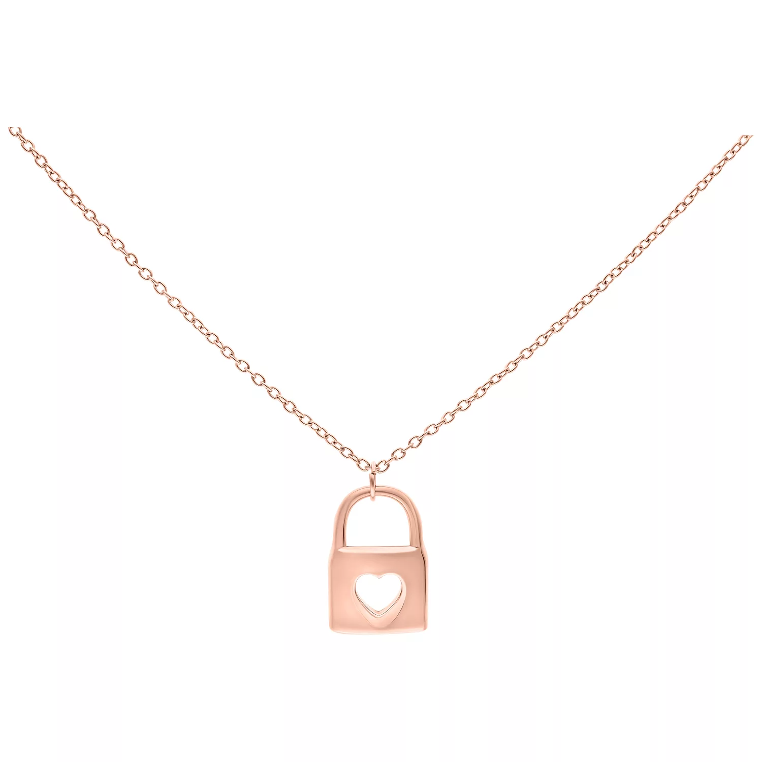 Collana in oro rosa con ciondolo a forma di cuore su sfondo bianco