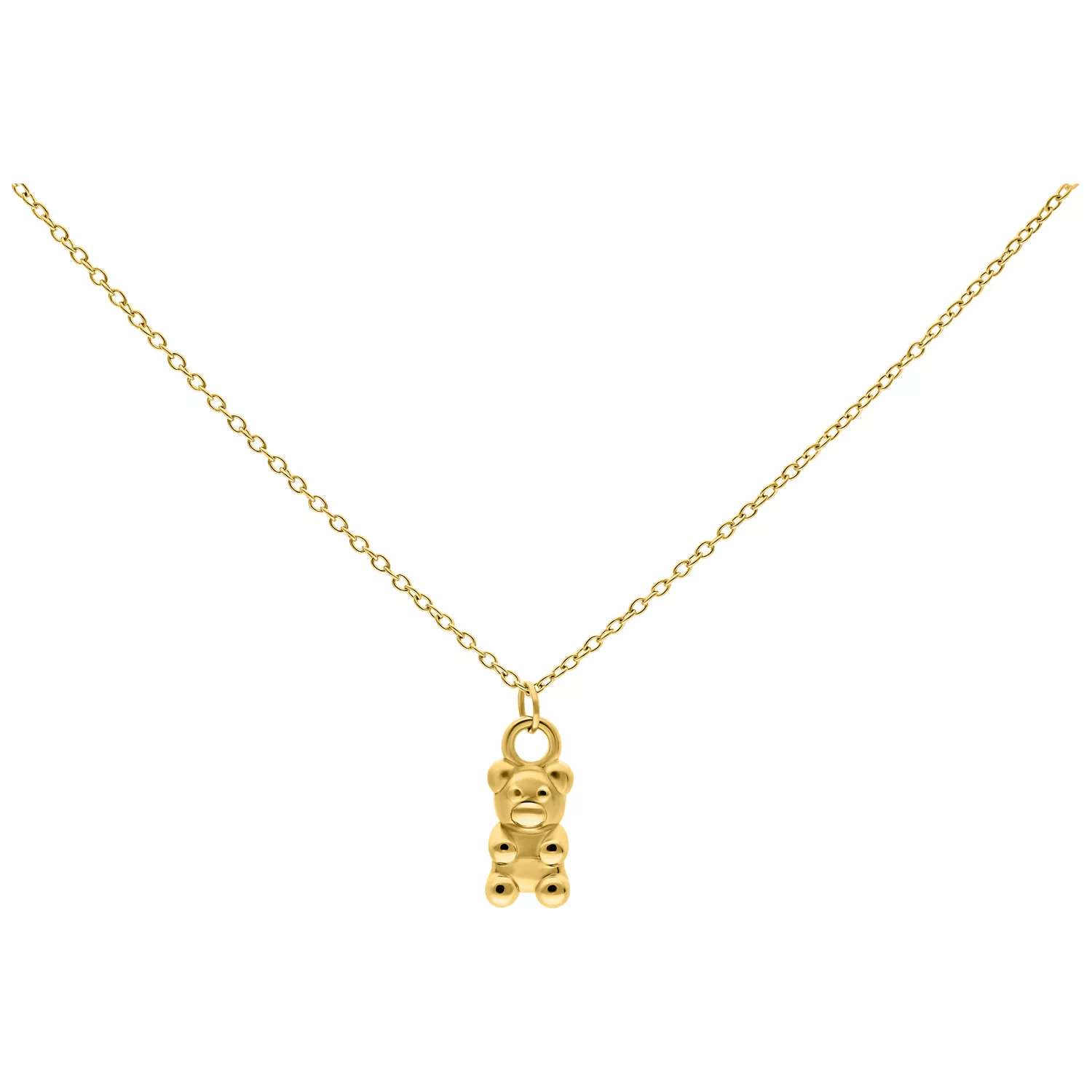 Collana dorata con ciondolo a forma di orsetto su sfondo bianco