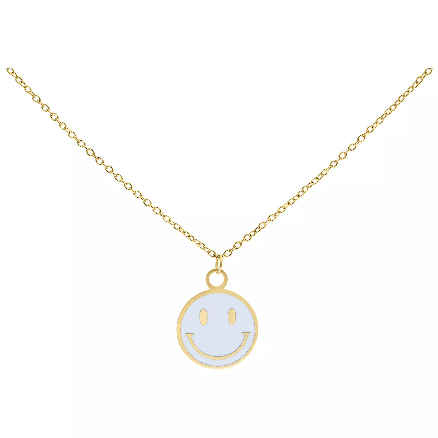 Collana dorata con ciondolo Smiley bianco su sfondo bianco