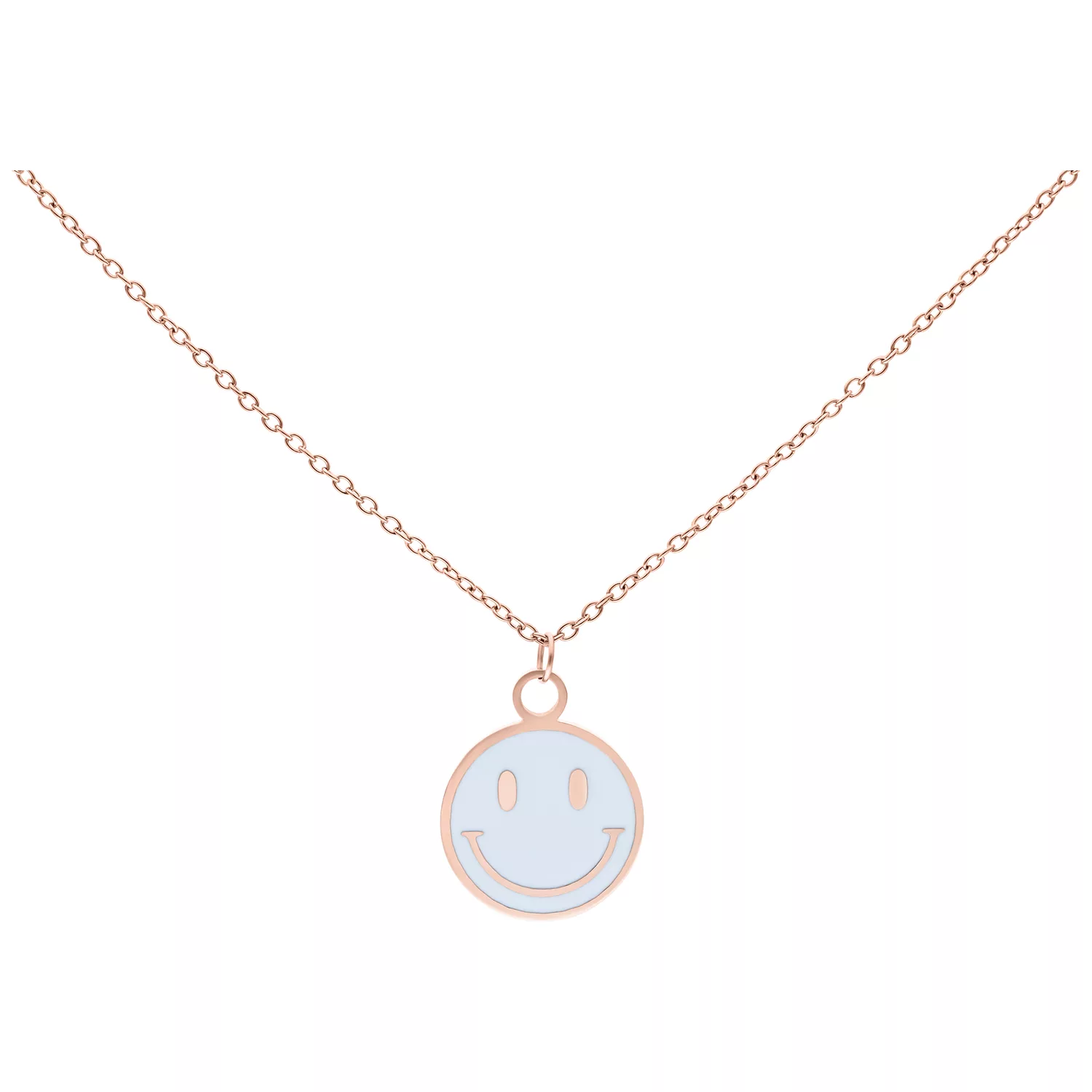 Collana in oro rosa con ciondolo a forma di smiley su sfondo bianco