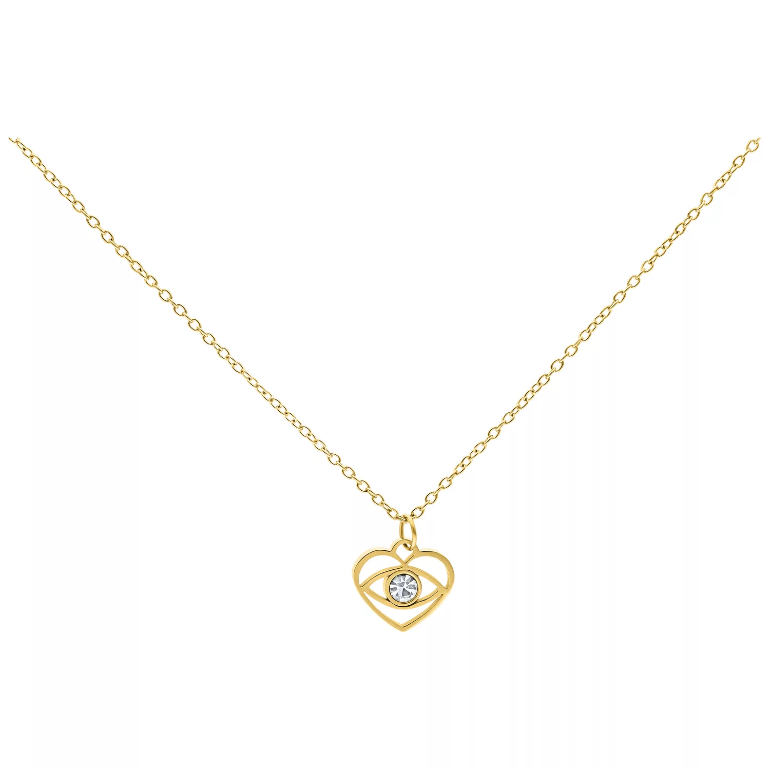 Collana dorata con ciondolo a forma di cuore e cristallo trasparente