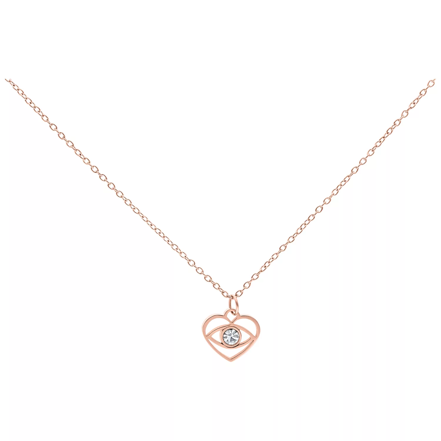 Collana oro rosa con piccolo ciondolo a forma di occhio e cristallo chiaro su sfondo bianco