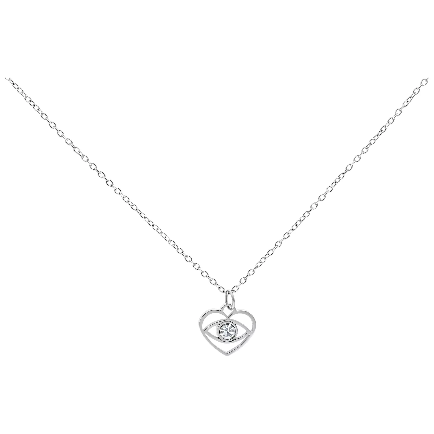 Collana d'argento con un piccolo ciondolo a forma di occhio pendente su sfondo bianco