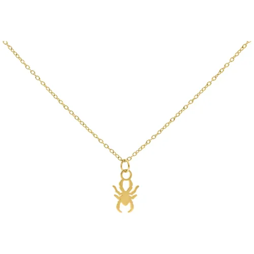 Collana dorata con piccolo ciondolo a forma di ragno su sfondo bianco