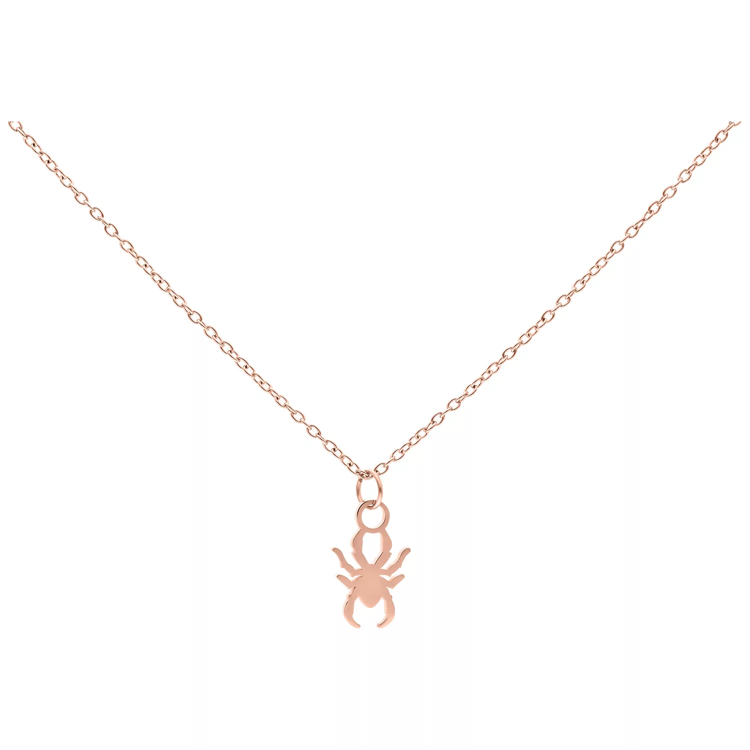 Collana in oro rosa con ciondolo a forma di ragno su sfondo bianco