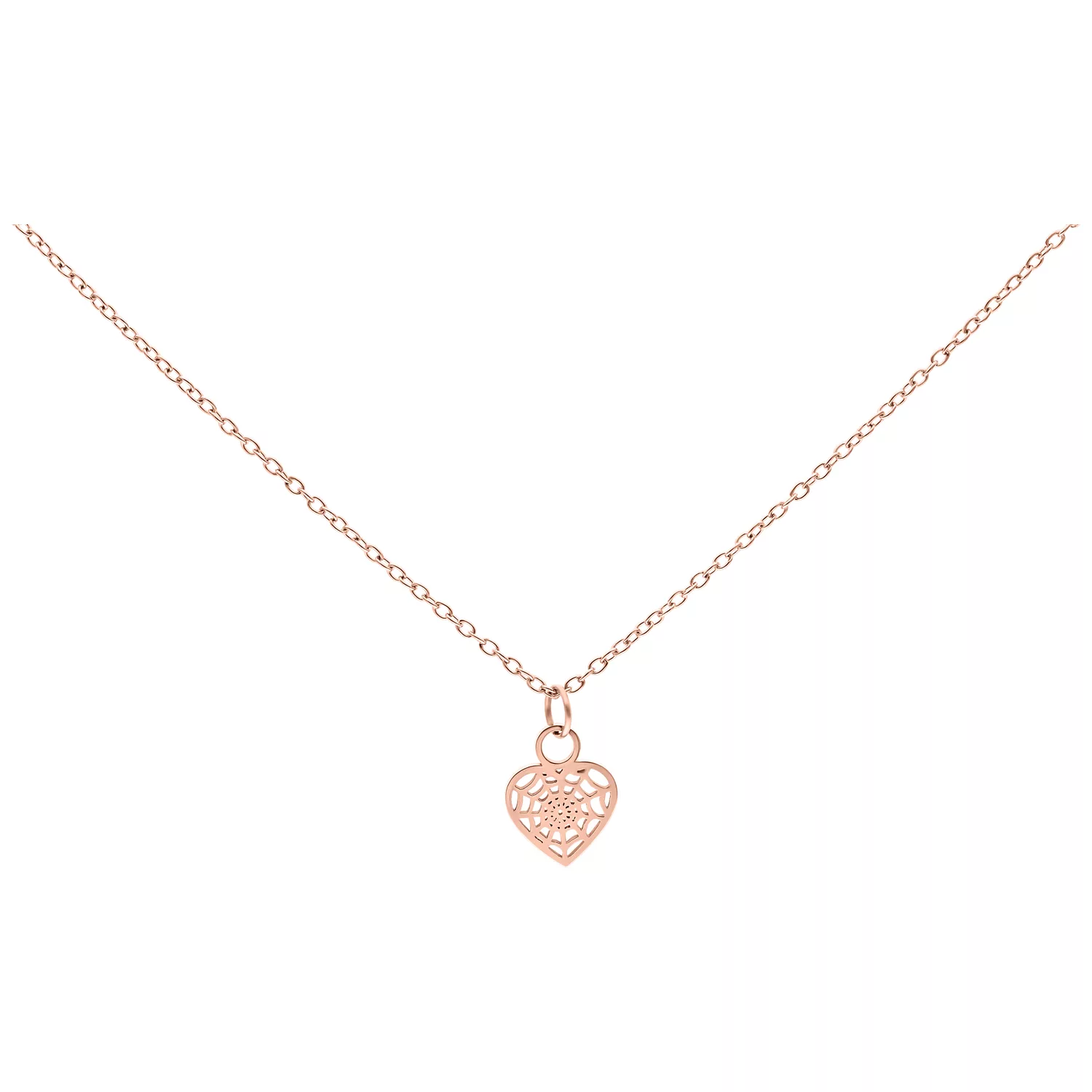 Collana in oro rosa con ciondolo a cuore delicato su sfondo bianco