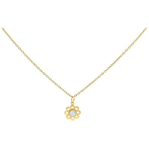 Collana dorata con ciondolo a forma di fiore di cristallo su sfondo bianco