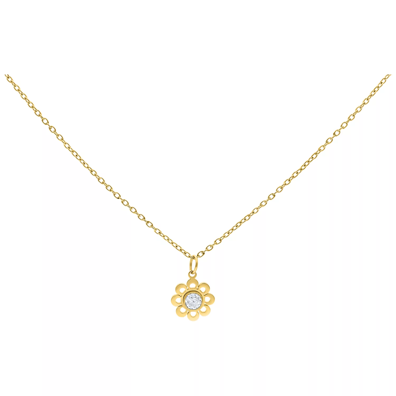Collana dorata con ciondolo a forma di fiore di cristallo su sfondo bianco
