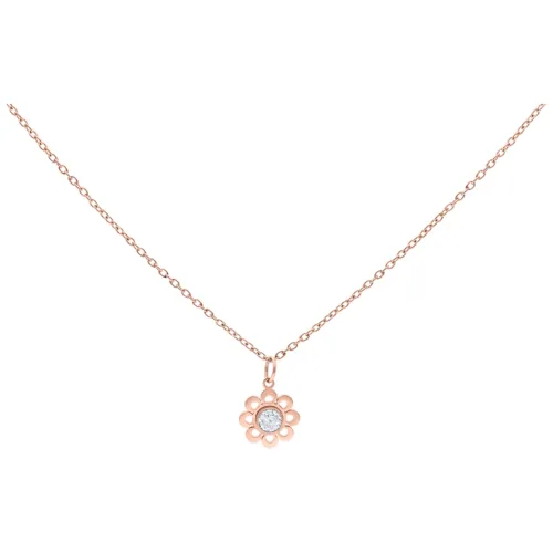 Collana in oro rosa con pendente a fiore e cristallo chiaro su sfondo bianco