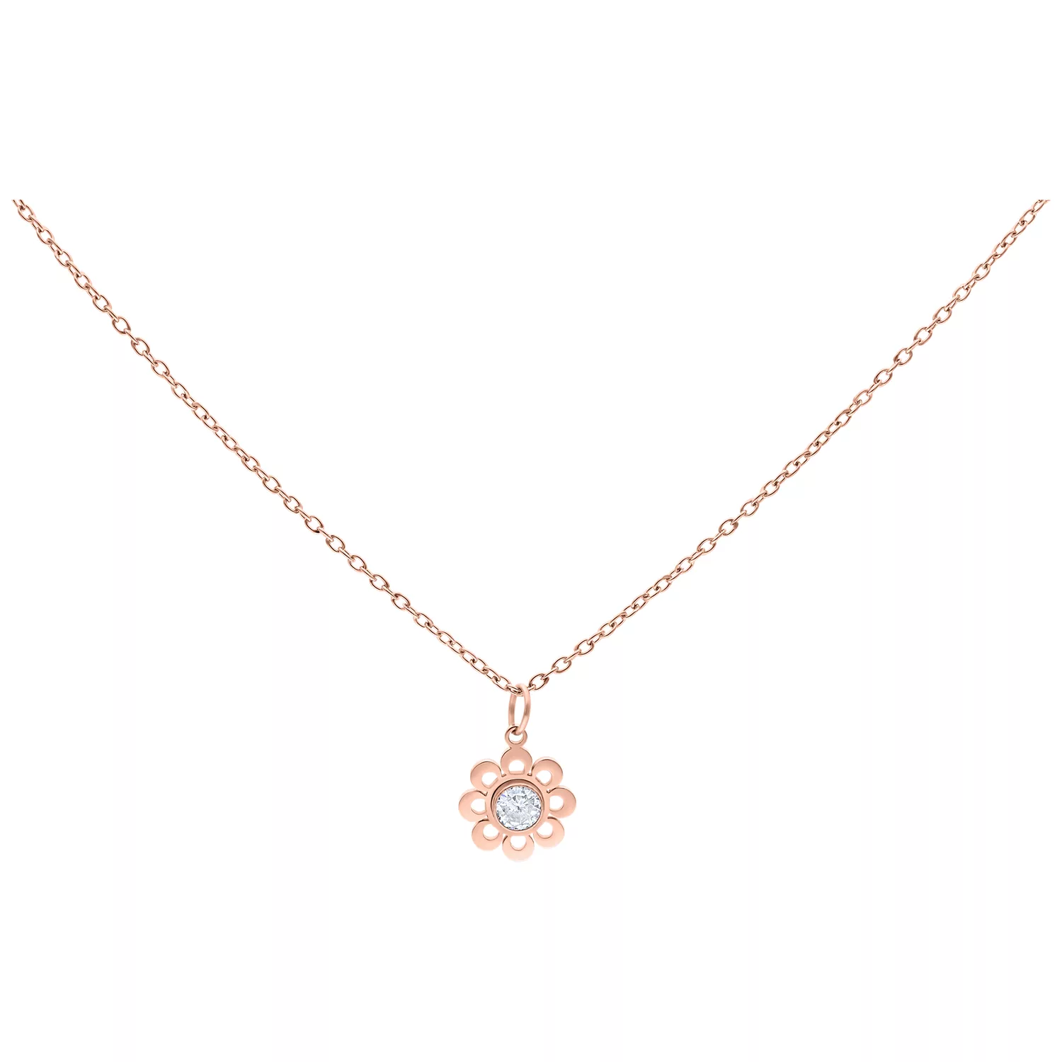 Collana in oro rosa con pendente a fiore e cristallo chiaro su sfondo bianco