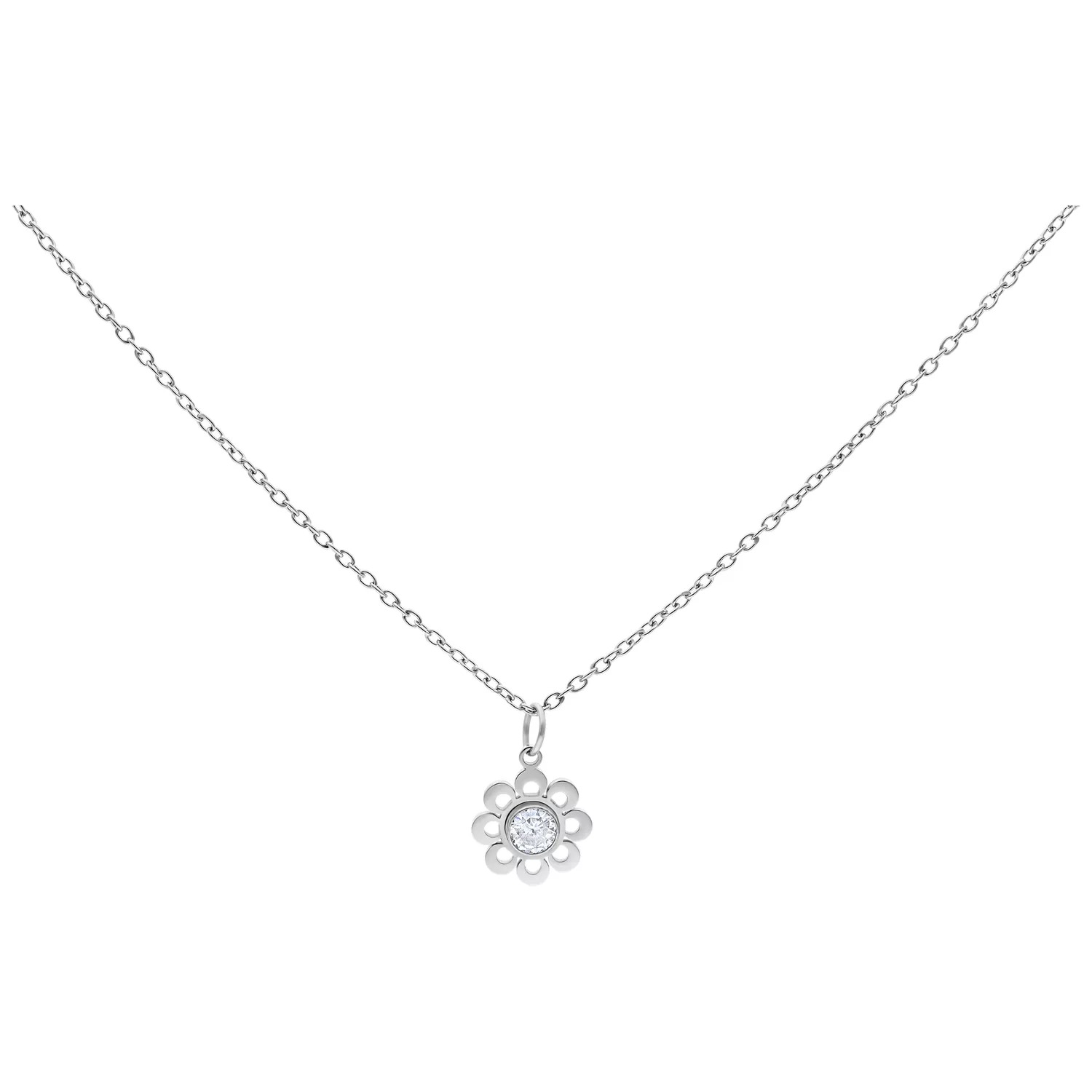 Collana d'argento con pendente a fiore di cristallo su sfondo bianco