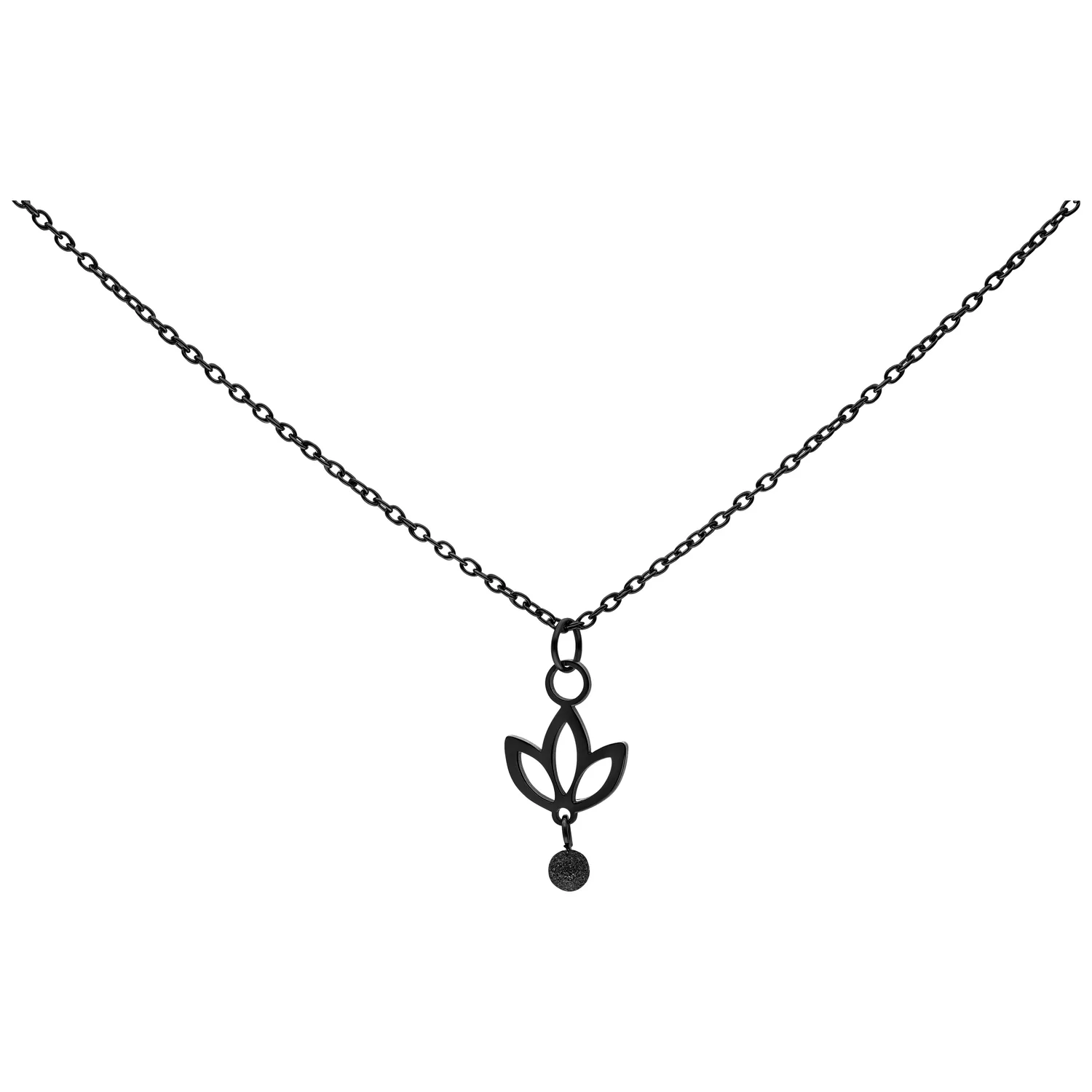Collana nera con ciondolo a forma di giglio pendente su sfondo bianco