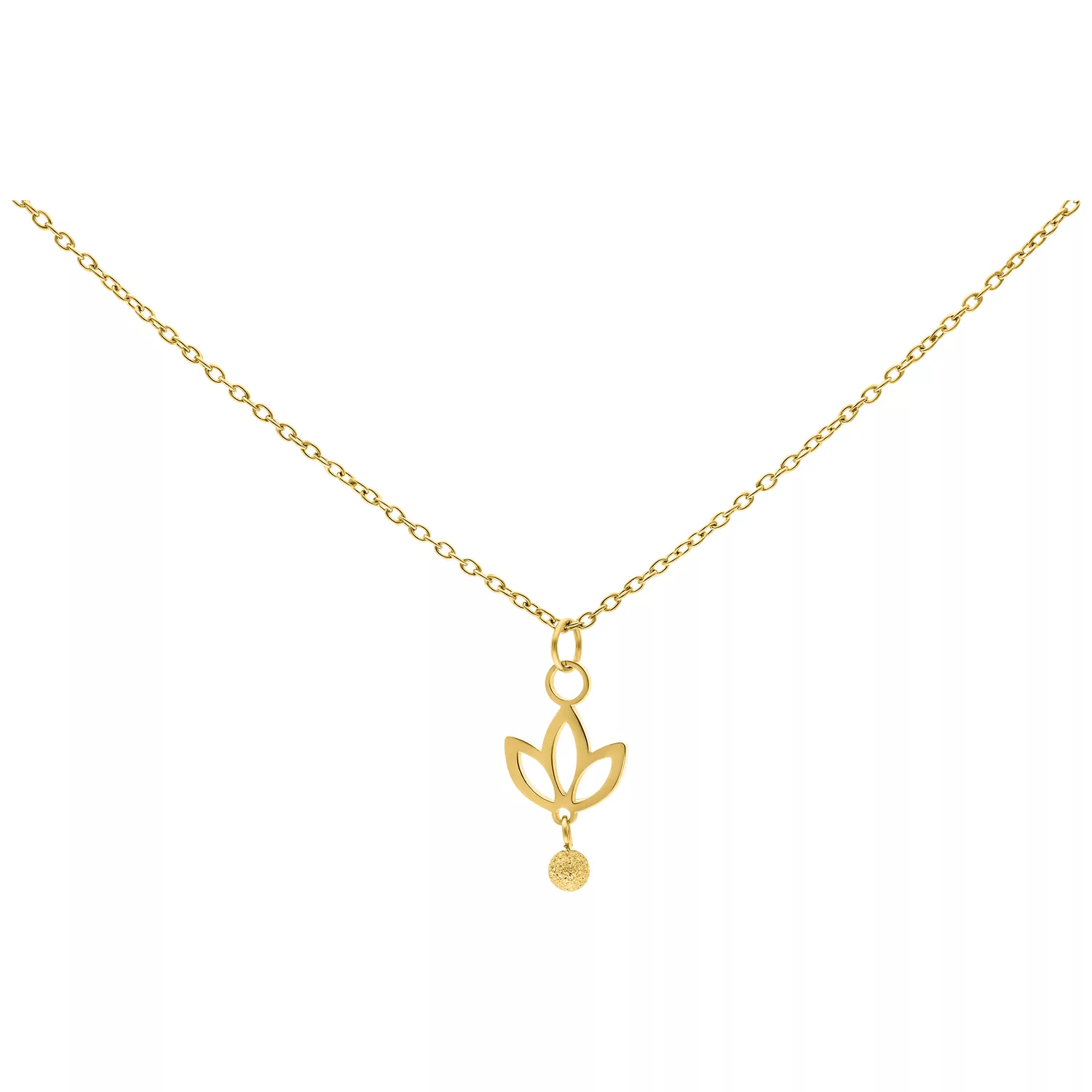 Collana dorata con pendente a forma di giglio su sfondo bianco