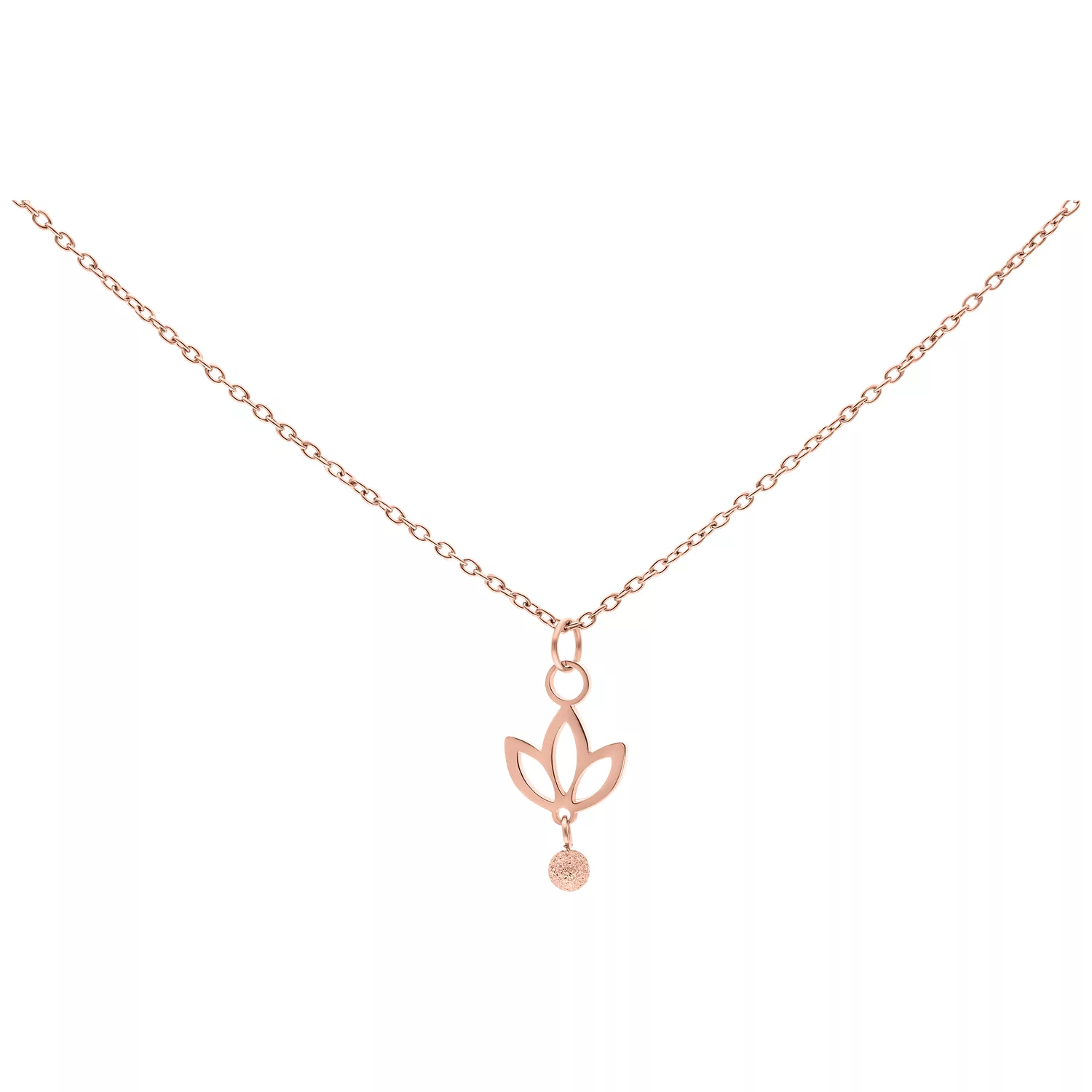 Collana in oro rosa con ciondolo a giglio pendente su sfondo bianco