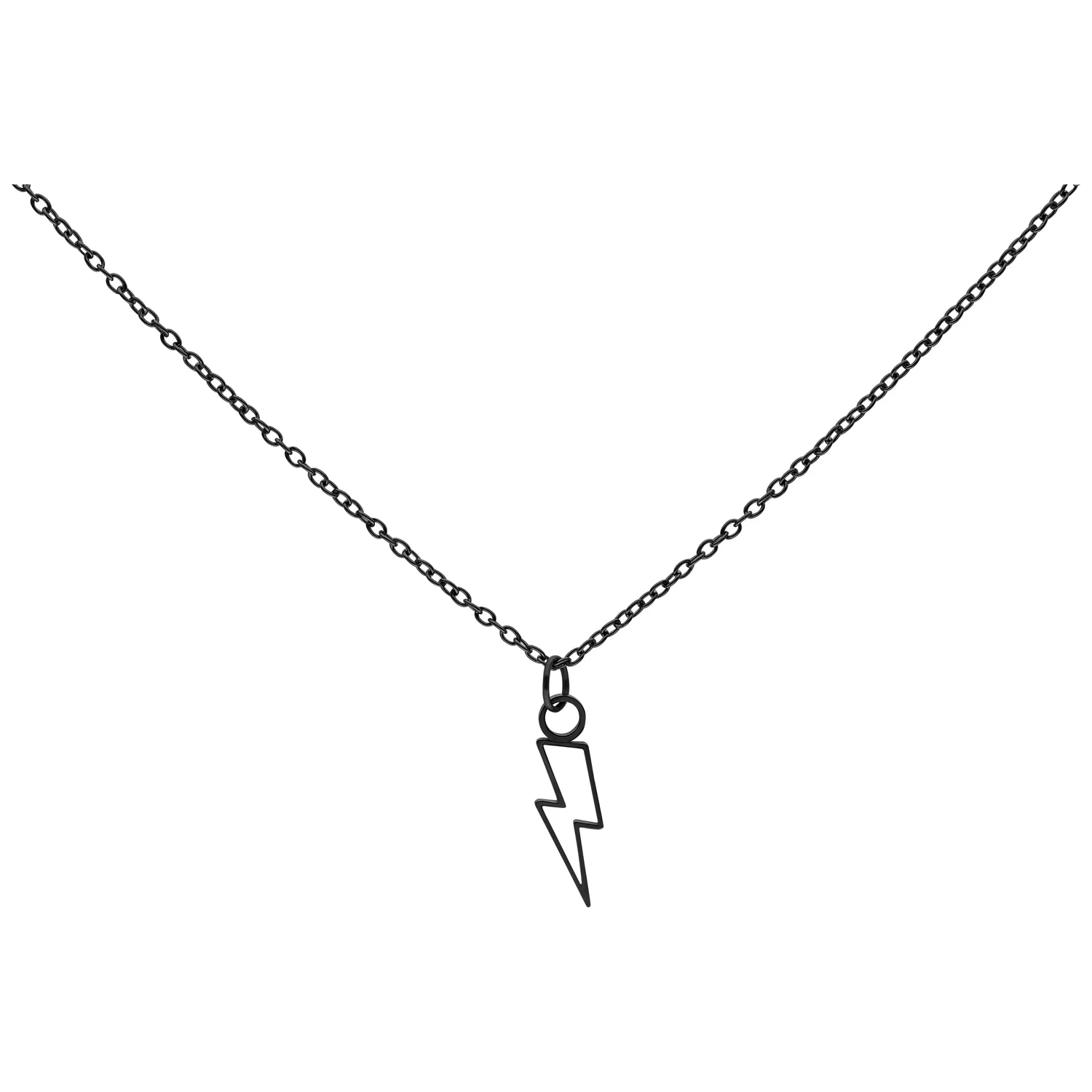 Collana nera con ciondolo a fulmine su sfondo bianco