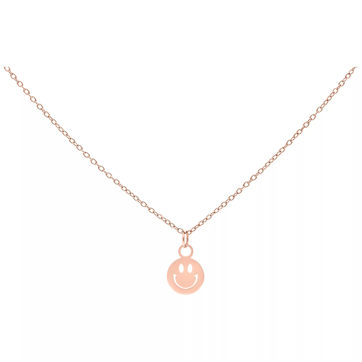 Collana in oro rosa con ciondolo Smiley su sfondo bianco