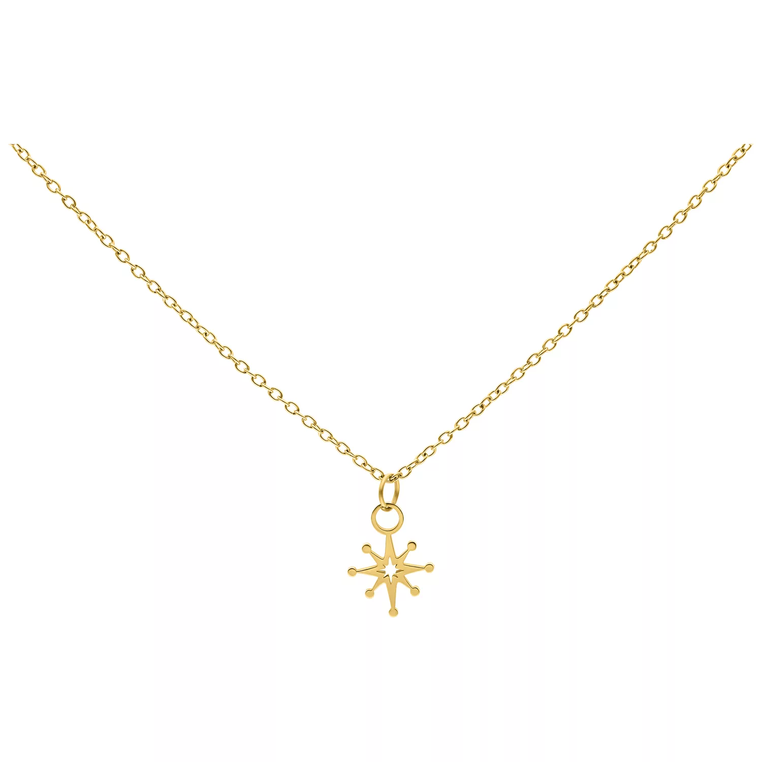 Collana dorata con ciondolo a stella polare su sfondo bianco