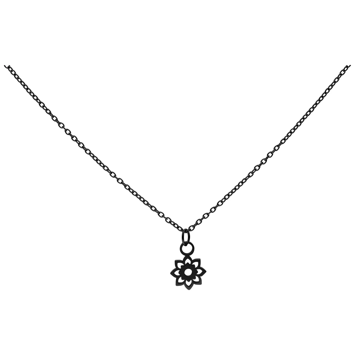 Collana nera con ciondolo a girasole in acciaio chirurgico su sfondo bianco