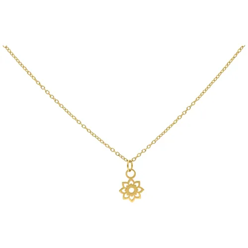 Collana dorata con piccolo ciondolo a forma di girasole su sfondo bianco