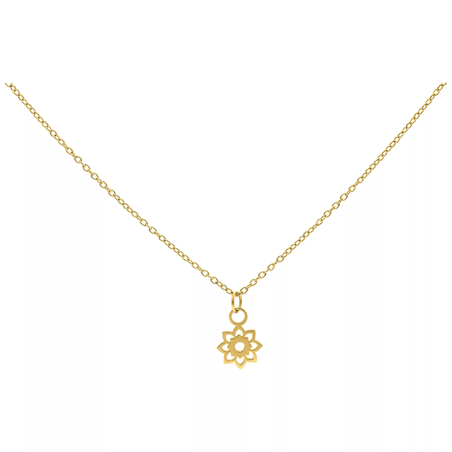 Collana dorata con piccolo ciondolo a forma di girasole su sfondo bianco
