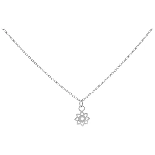 Collana d'argento con piccolo ciondolo a forma di girasole su sfondo bianco