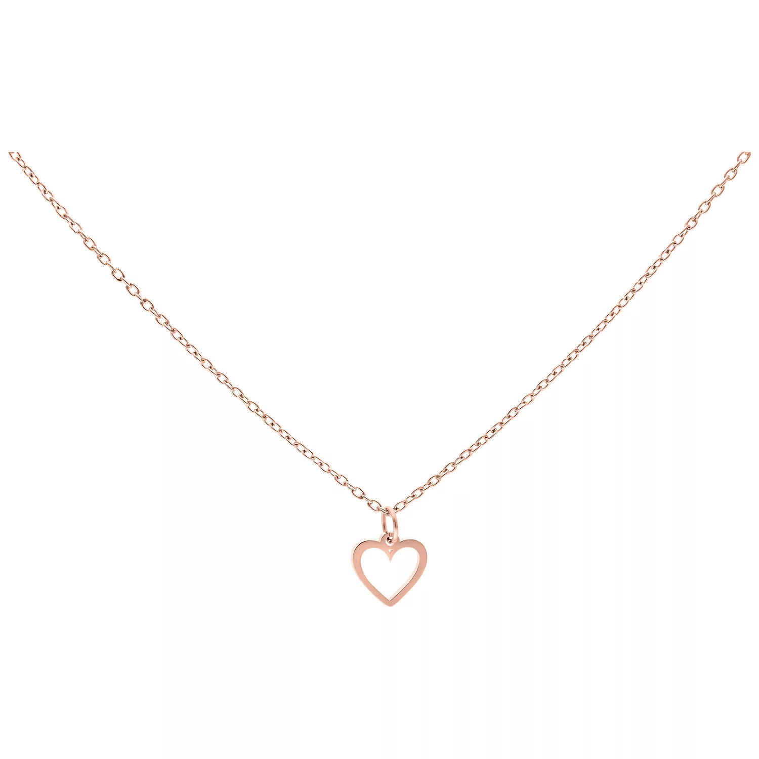 Collana in acciaio chirurgico oro rosa con piccolo ciondolo a cuore su sfondo bianco