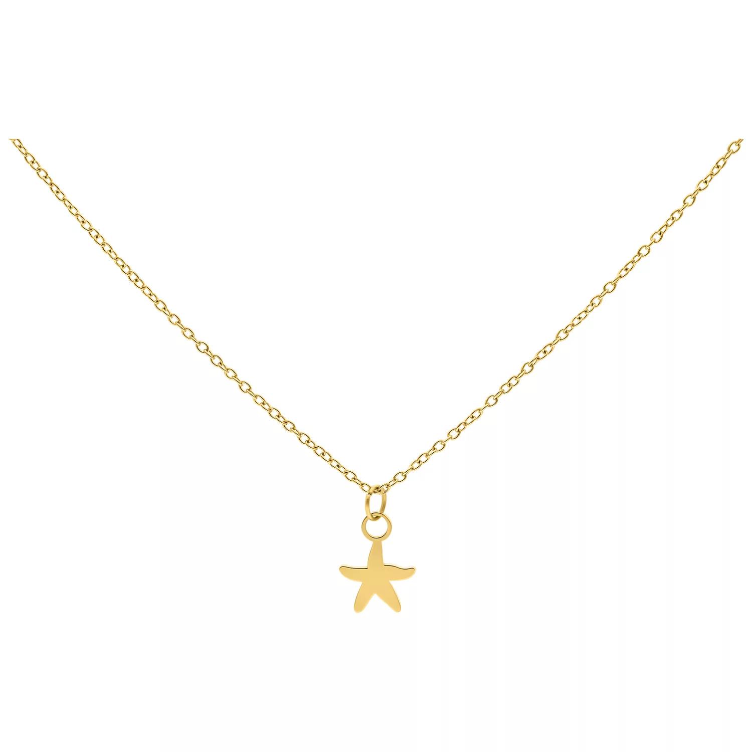 Collana dorata con piccolo ciondolo a forma di stella marina, sfondo studio