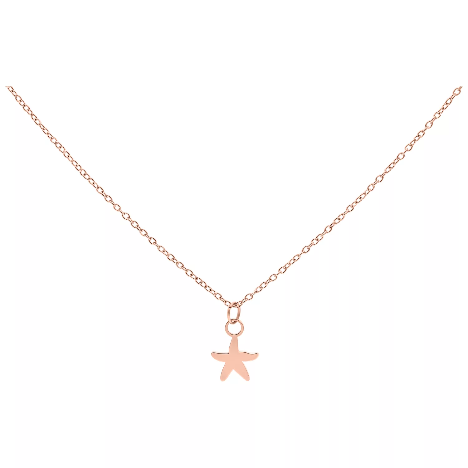Collana in oro rosa con un piccolo ciondolo a forma di stella marina su sfondo bianco