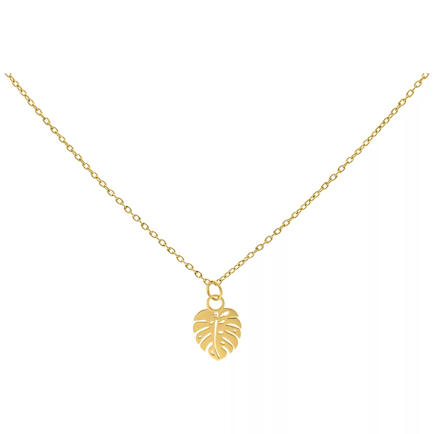 Collana Foglia di Monstera Dorata in acciaio chirurgico su sfondo bianco