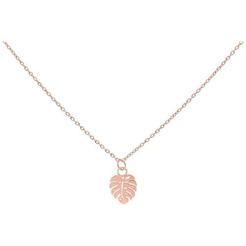 Collana con ciondolo a forma di foglia di Monstera in oro rosa su sfondo bianco
