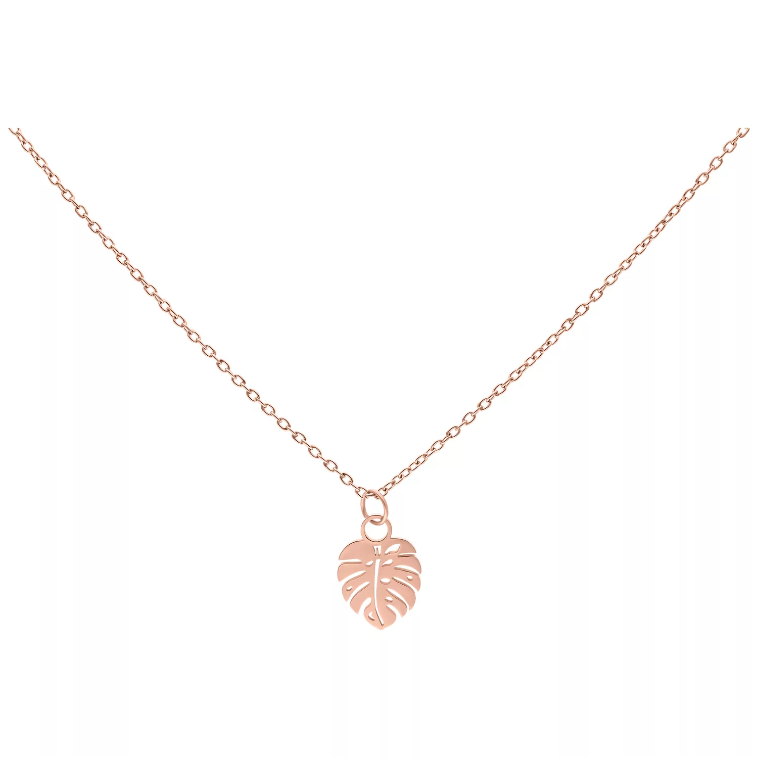 Collana con ciondolo a forma di foglia di Monstera in oro rosa su sfondo bianco