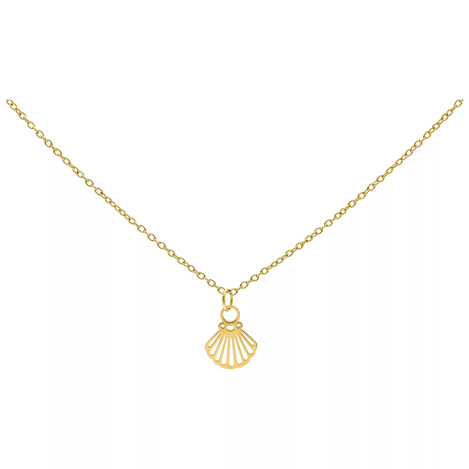Collana d'oro con ciondolo a forma di conchiglia su sfondo bianco