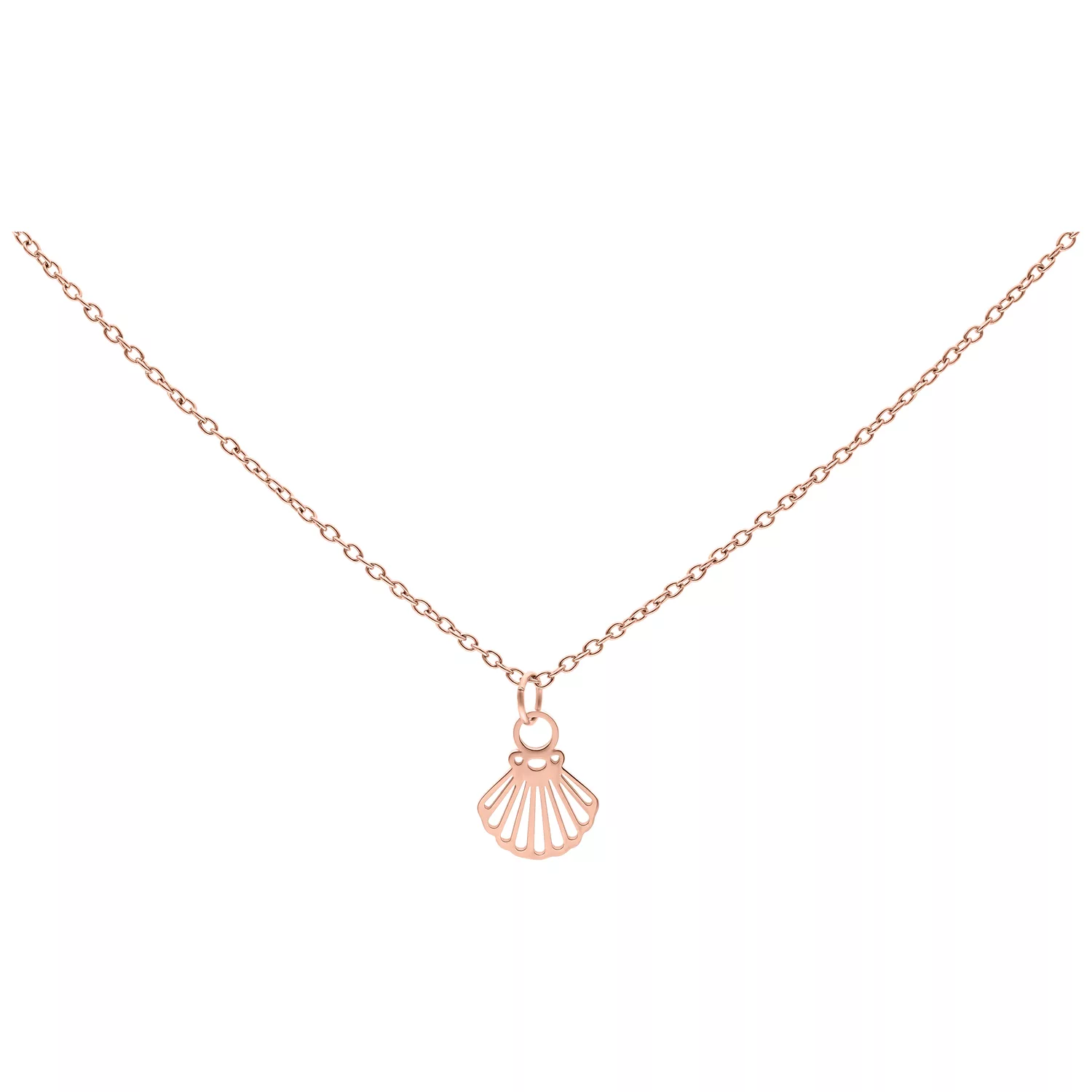 Collana in acciaio chirurgico con ciondolo a conchiglia in oro rosa su sfondo bianco