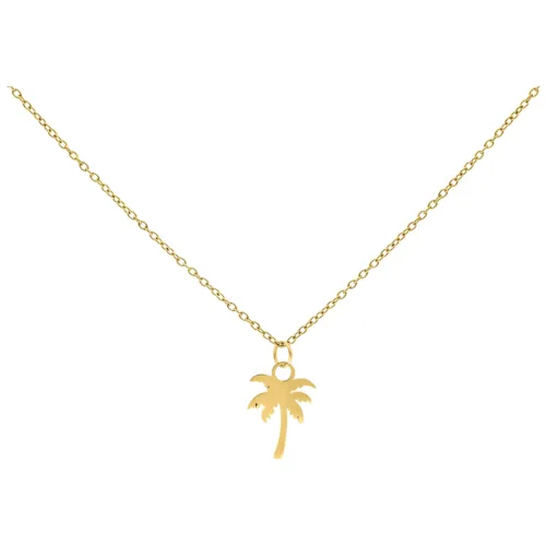 Collana dorata con ciondolo a forma di palma su sfondo bianco, lunga 50 cm