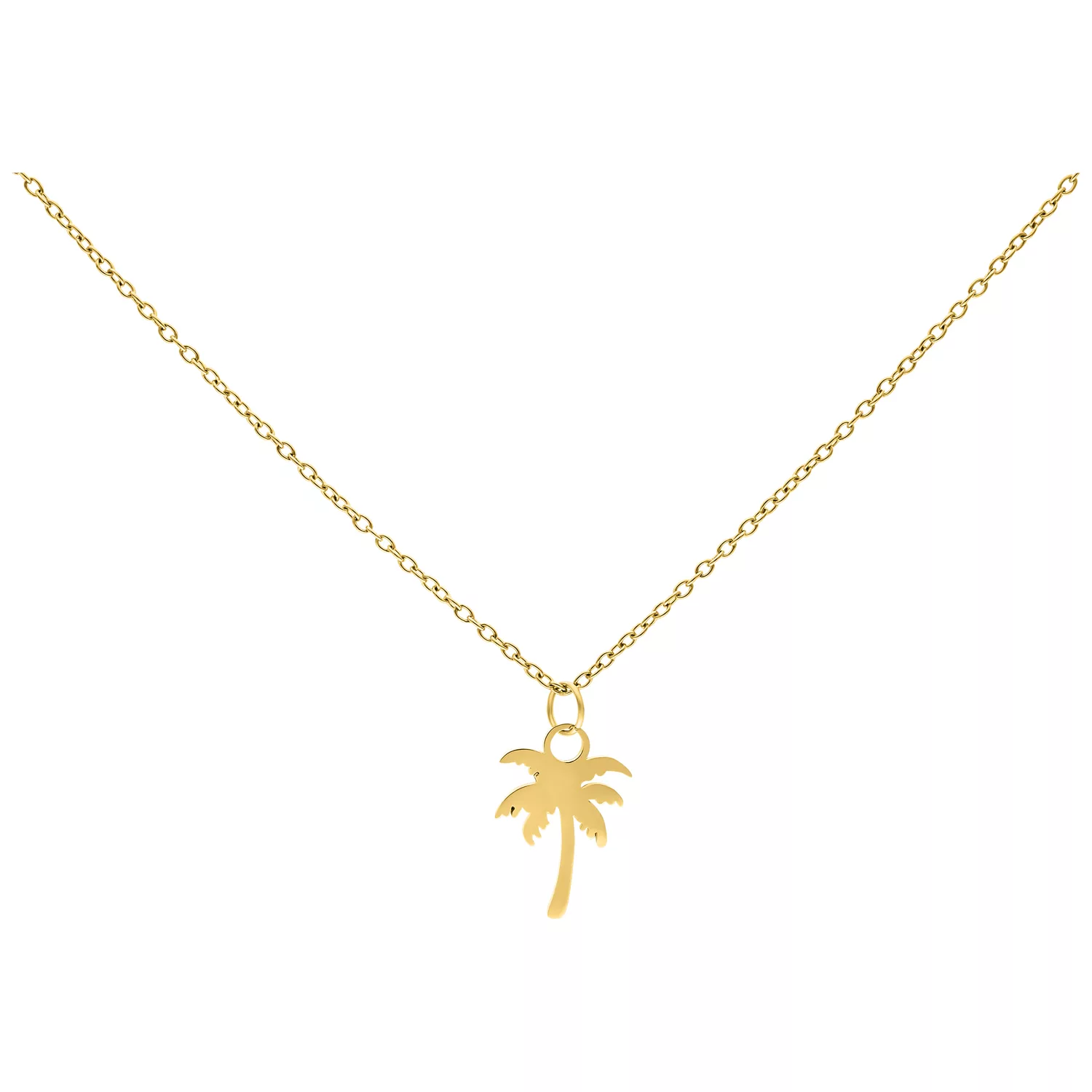 Collana dorata con ciondolo a forma di palma su sfondo bianco, lunga 50 cm
