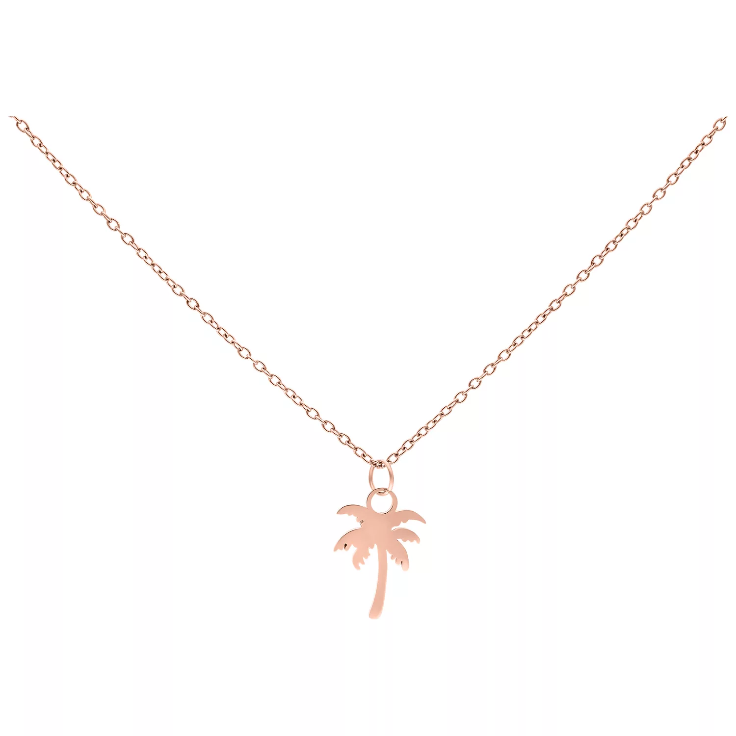 Collana in oro rosa con ciondolo a palma su sfondo bianco