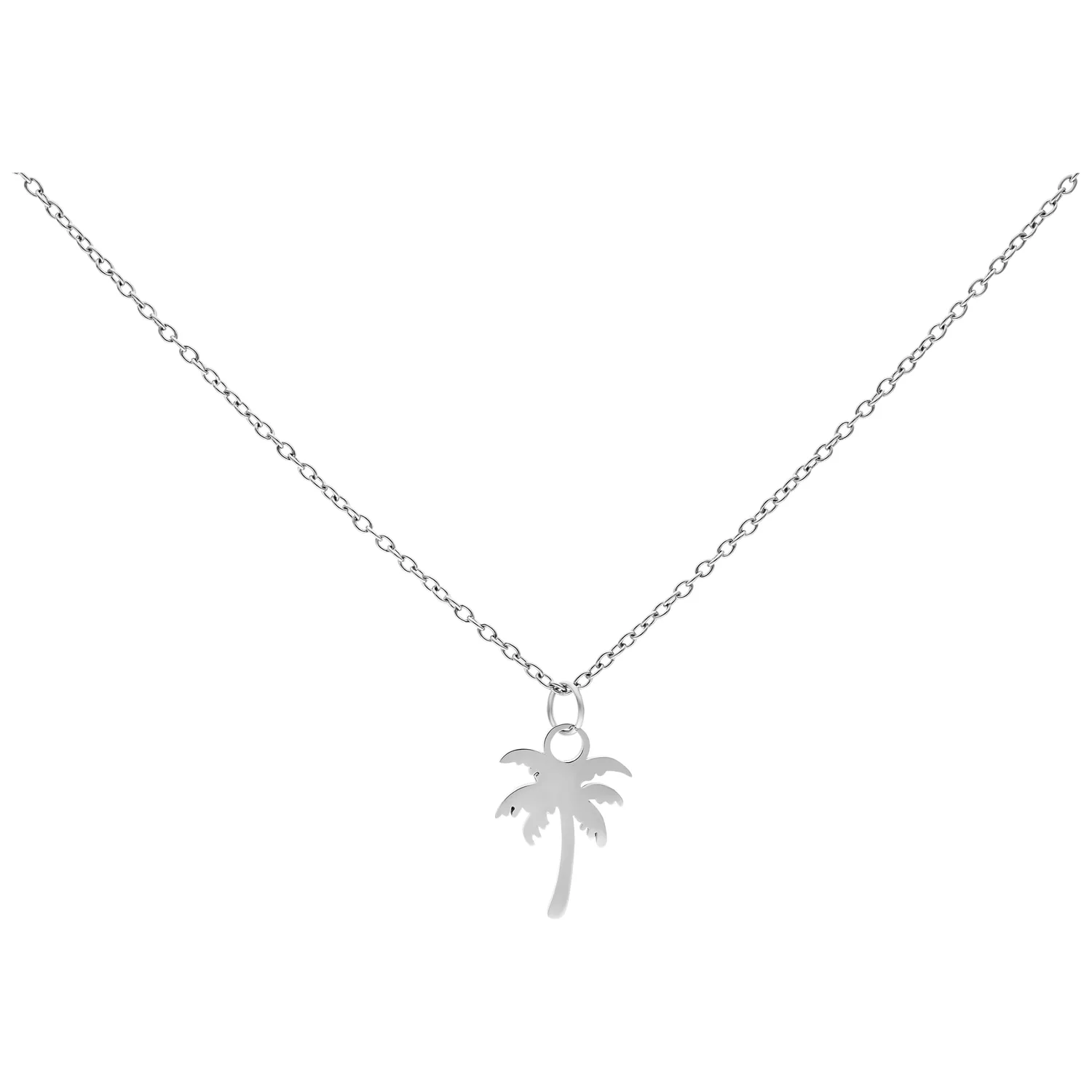 Collana in argento con ciondolo a palma su sfondo bianco