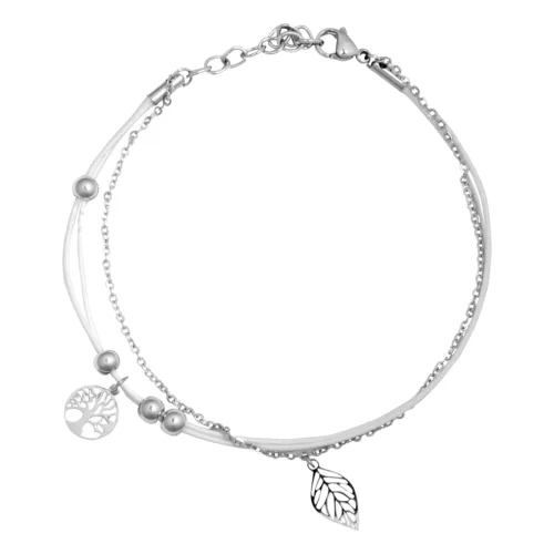 Cavigliera in argento con ciondolo a forma di albero e foglia su sfondo bianco