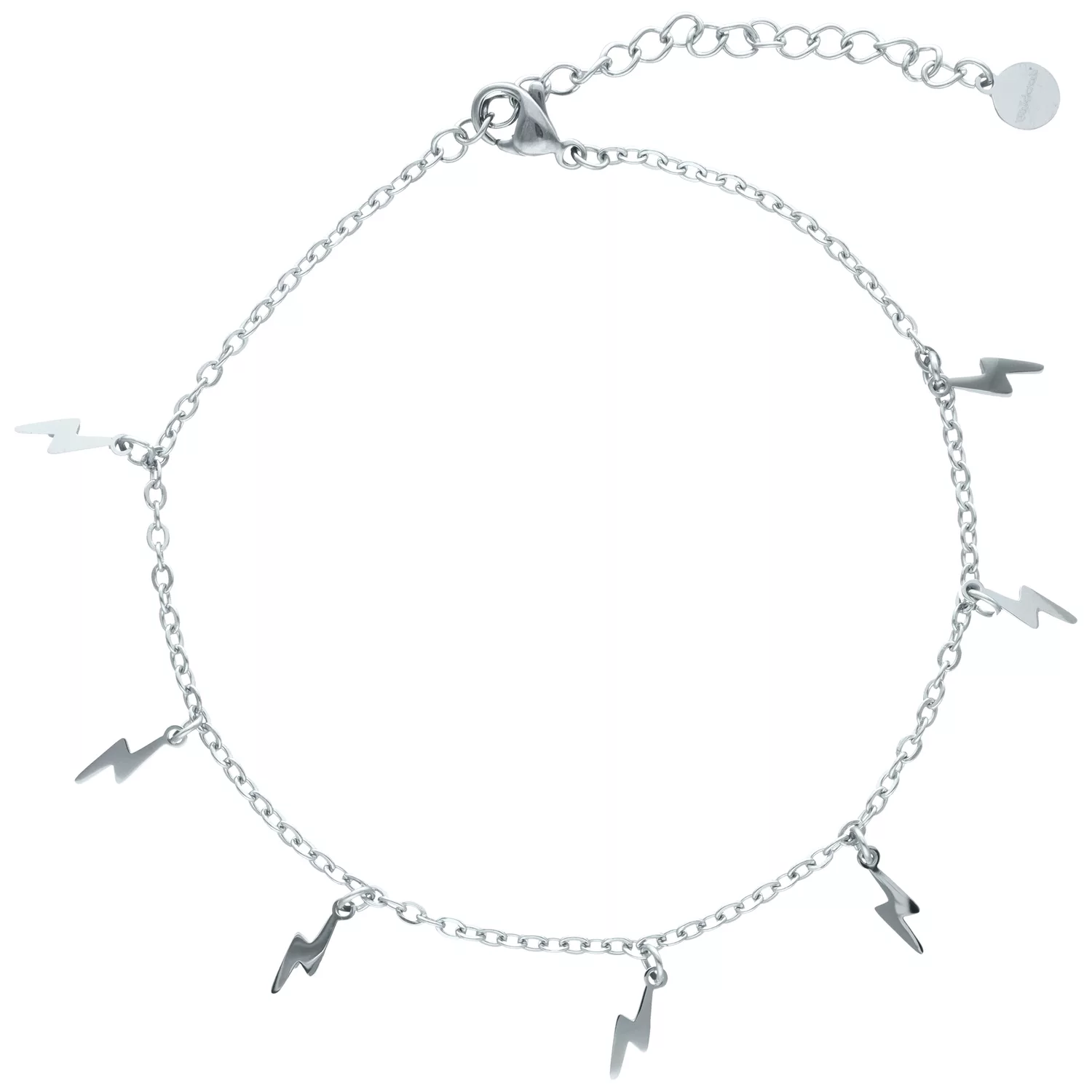 Cavigliera argentata con ciondoli a forma di fulmine su sfondo bianco